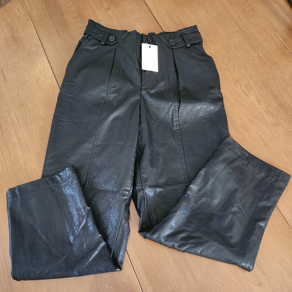 Greylin Black Vegan Leather Button Tab Seamed Pants Medium